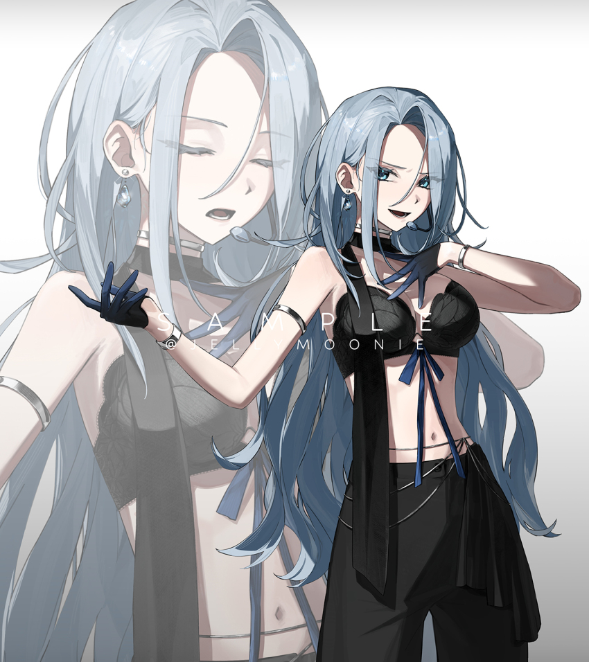 1girl, :d, alternate_costume, armlet, black_bra, black_gloves, black_pants, black_scarf