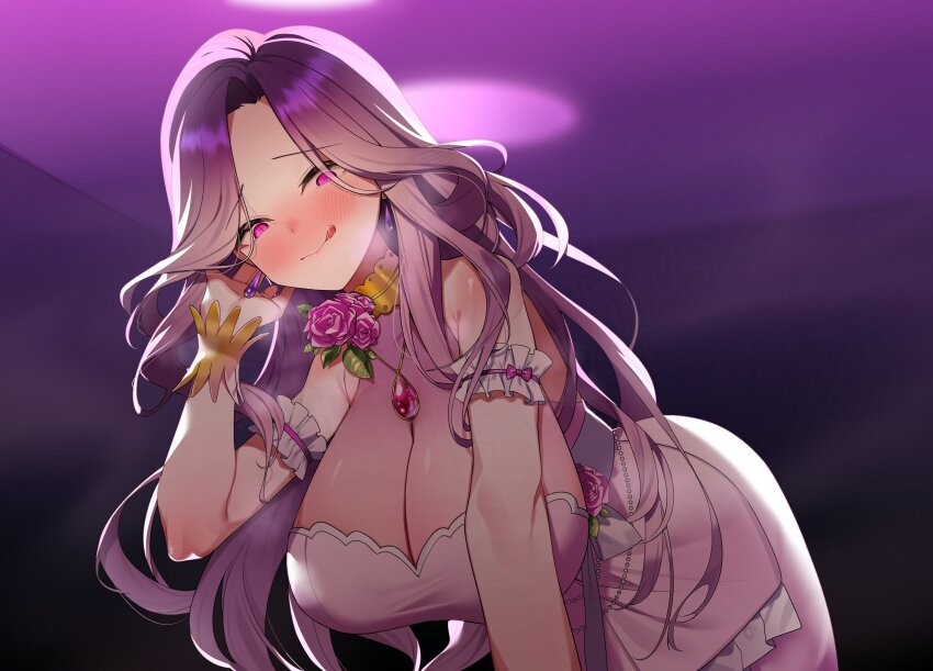 1girl, :q, absurdres, bent_over, blush, bow, breasts, cleavage