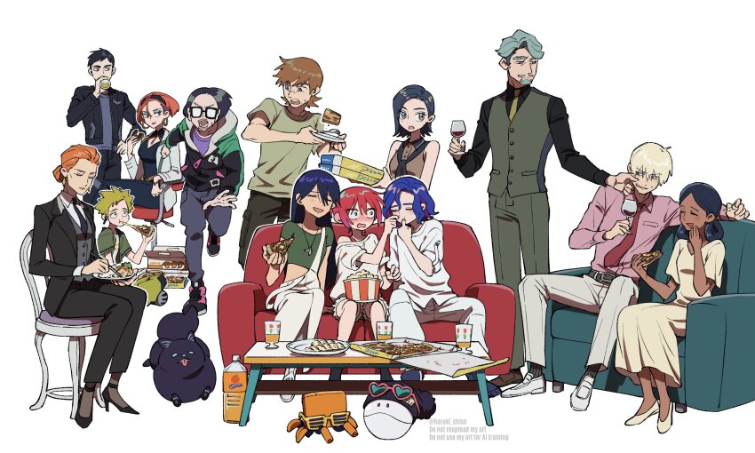 6+boys, 6+girls, amate_yuzuriha, annqi, aqua_hair, beard, black_hair, black_pants