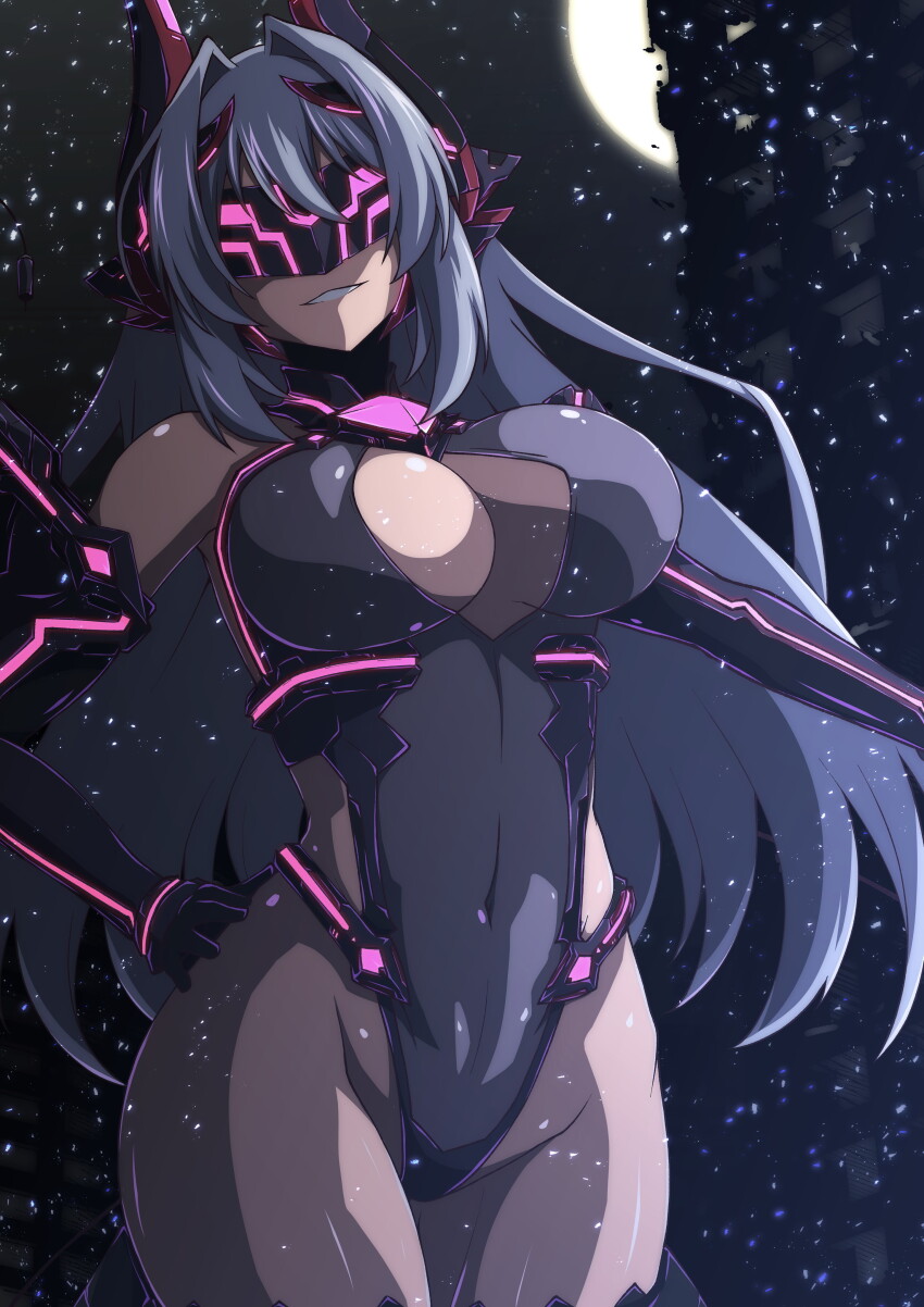 1girl, absurdres, android, aoi_tabane, bare_shoulders, black_gloves, black_leotard, blindfold_mask, blue_hair, breasts, cleavage, cleavage_cutout, clothing_cutout, covered_navel, cowboy_shot, elbow_gloves, gloves, grin, hand_on_own_hip, headgear, highleg, highleg_leotard, highres, katsuragi_marina, kouyoku_senki_exs-tia, large_breasts, leotard, long_hair, looking_at_viewer, mask, mind_controlled_exs-tia, moon, night, robot_ears, smile, solo, thighhighs