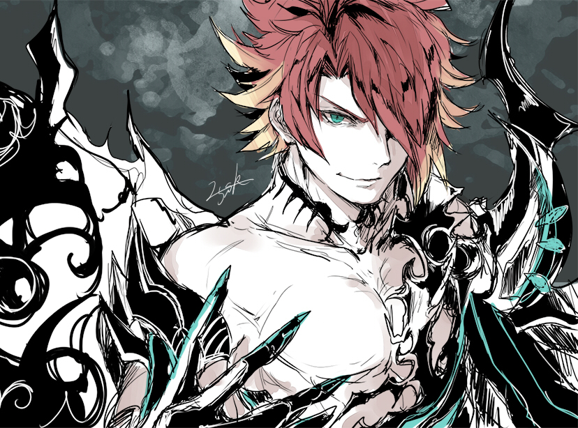 1boy, chaos_ignis_(grimms_notes), grimms_notes, male_focus, nikosuke, signature, sketch, solo, upper_body