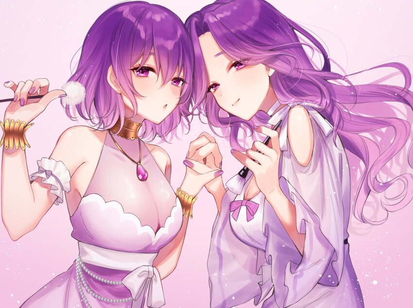 2girls, 35jkk, absurdres, bare_shoulders, bow, bracelet, breasts, cleavage