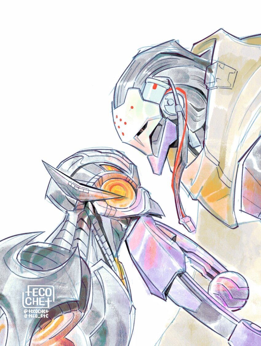 2boys, android, armor, glowing, glowing_eyes, highres, humanoid_robot, male_focus, marvel, marvel_rivals, multiple_boys, overwatch, ramattra_(overwatch), red_eyes, robot, simple_background, tecotit, ultron, yaoi