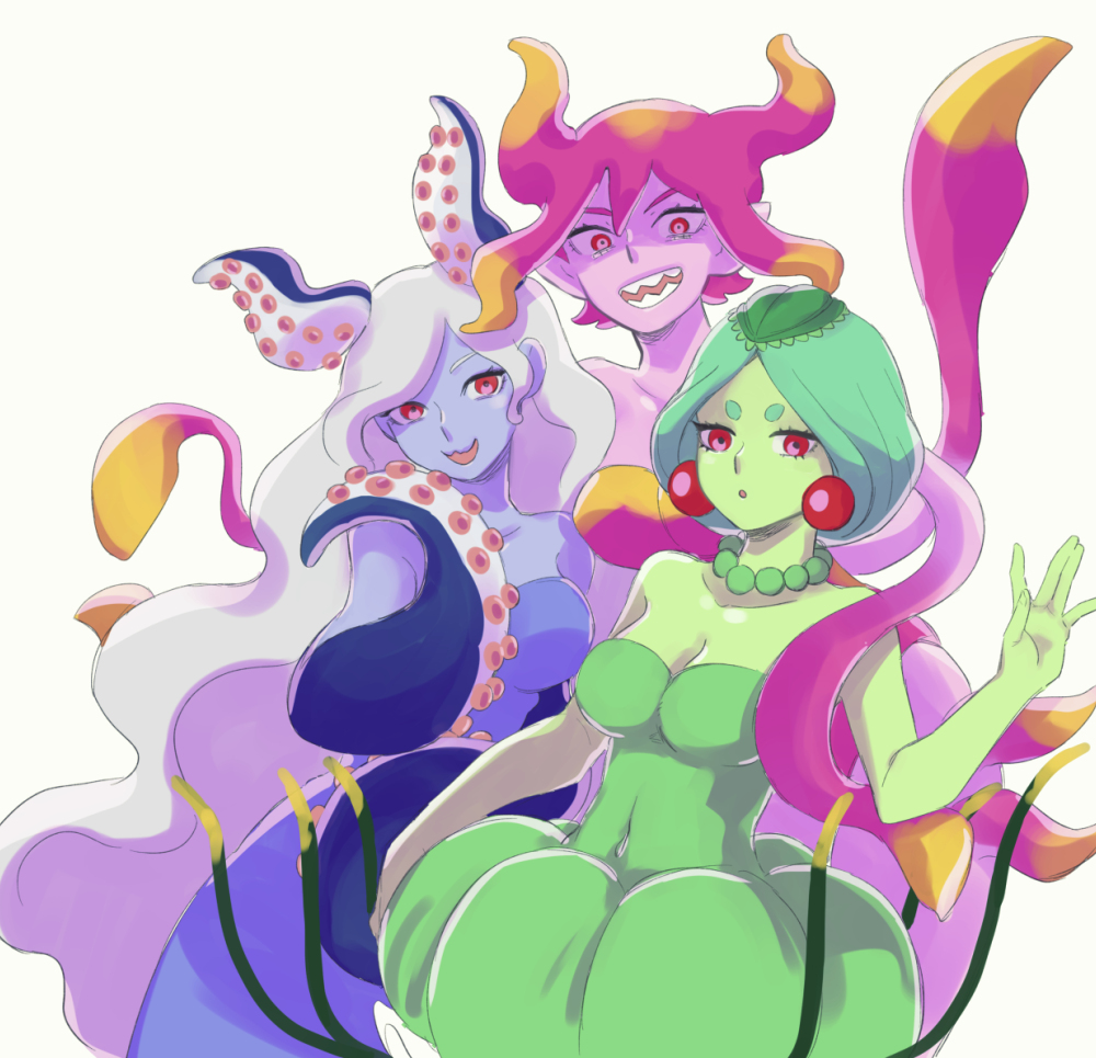 3girls, 4747moonwalk, :3, :d, :o, \||/, bare_arms, bare_shoulders, bead_choker, beads, blonde_hair, blue_skin, breasts, choker, cleavage, collarbone, colored_skin, colored_tips, commentary, covered_navel, cowboy_shot, double-parted_bangs, dress, earrings, extra_arms, frilled_dress, frills, green_choker, green_dress, green_hair, green_skin, grey_hair, hair_between_eyes, hand_up, jellyfish_girl, jewelry, leotard, long_hair, marina_(omori), medusa_(omori), molly_(omori), monster_girl, multicolored_hair, multiple_girls, omori, open_mouth, parted_bangs, pink_hair, pink_leotard, pink_skin, pointy_ears, purple_dress, red_eyes, scylla, shaded_face, sharp_teeth, short_hair, siblings, simple_background, sisters, smile, sphere_earrings, squid_girl, standing, strapless, strapless_dress, strapless_leotard, suction_cups, teeth, tentacle_hair, tentacle_limbs, two-tone_hair, very_long_hair, white_background