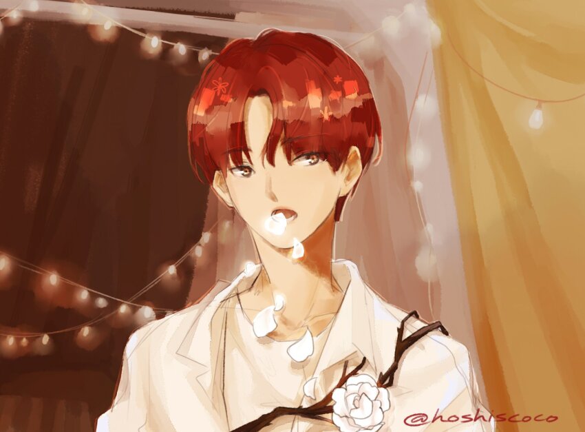 1boy, commentary, flower, highres, hoshiscoco, jeonghan_(seventeen), k-pop, male_focus, open_mouth, petals, real_life, red_hair, rose, seventeen_(group), shirt, short_hair, solo, twitter_username, upper_body, white_flower, white_rose, white_shirt