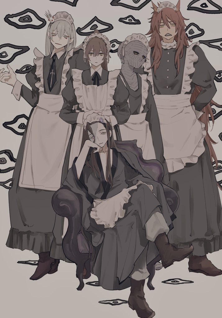 5boys, alternate_costume, animal_ears, apron, arm_behind_back, armor, baylord_yama, black_dress, black_robe, black_sclera, brown_hair, brown_shoes, chair, collared_dress, colored_sclera, crossdressing, crossdressing_(mtf), crossed_legs, crown, dog_ears, dress, enmaided, eye_symbol, frilled_apron, frills, grace_mirchea_luslec, hand_on_own_face, hand_up, heterochromia, hidrogenxxxng, hoaqin, jyu_viole_grace, karaka, long_hair, long_sleeves, looking_at_viewer, maid, maid_apron, maid_headdress, male_focus, male_maid, mini_crown, multiple_boys, original, parted_lips, red_hair, robe, scar, scar_on_face, sharp_teeth, shoes, sword_print, teeth, tower_of_god, twenty-fifth_bam, white_(tower_of_god), white_apron, white_hair, yellow_eyes