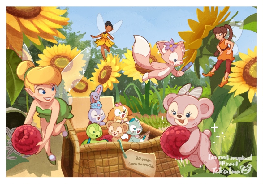 3boys, 6+girls, bare_shoulders, blonde_hair, blue_eyes, company_connection, cookieann, disney, disney_fairies, disney_fairies_(movie_series), dress, duffy_and_friends, duffy_the_disney_bear, fairy, fairy_wings, fawn_(disney), fly_agaric, gelatoni, green_dress, green_shoes, green_tunic, hair_bun, highres, iridessa_(disney), linabell, mini_person, minigirl, multiple_boys, multiple_girls, mushroom, olu_mel, pointy_ears, shelliemay, shoes, single_hair_bun, smile, stellalou, strapless, strapless_dress, takatmaorange, tinker_bell_(disney), tunic, wings