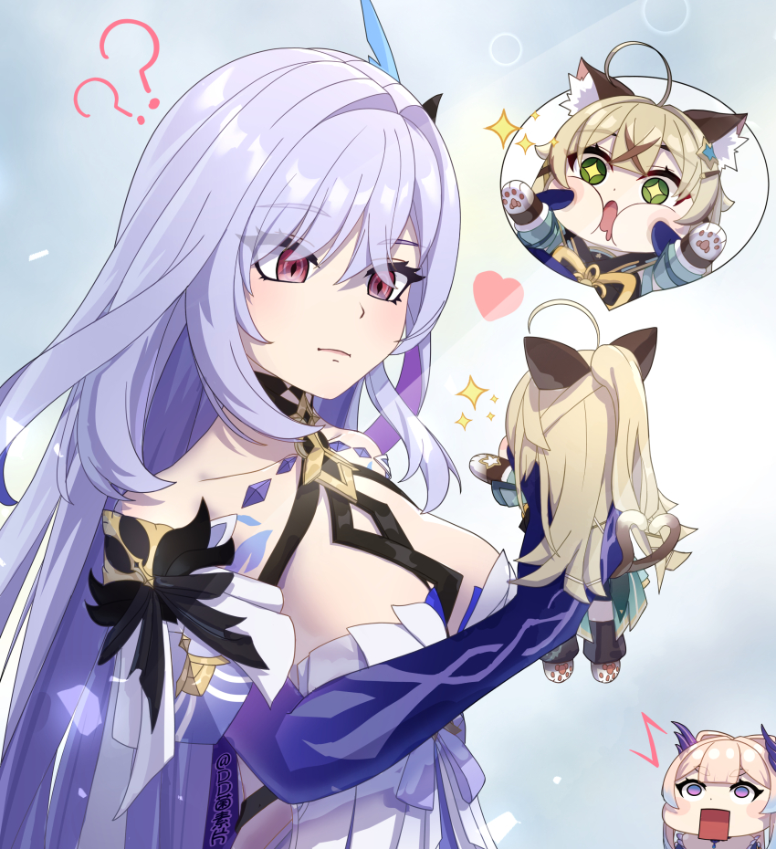 3girls, ?, absurdres, aged_down, ahoge, animal_ears, blonde_hair, blue_background, breast_strap, breasts, cat_ears, cat_girl, cat_tail, chest_strap, cleavage, closed_mouth, collarbone, cowboy_shot, dd_che_shen, dress, drooling, elbow_gloves, eyebrows_hidden_by_hair, eyes_visible_through_hair, feather_hair_ornament, feathers, fin_hair_ornament, fish_girl, genshin_impact, gloves, green_eyes, hair_ornament, half_updo, heart, highres, kirara_(genshin_impact), large_breasts, long_hair, looking_at_another, multiple_girls, multiple_tails, open_mouth, pink_hair, purple_dress, purple_eyes, purple_gloves, purple_hair, sangonomiya_kokomi, skirk_(genshin_impact), speech_bubble, standing, tail, two_tails, white_hair, wide_mouth