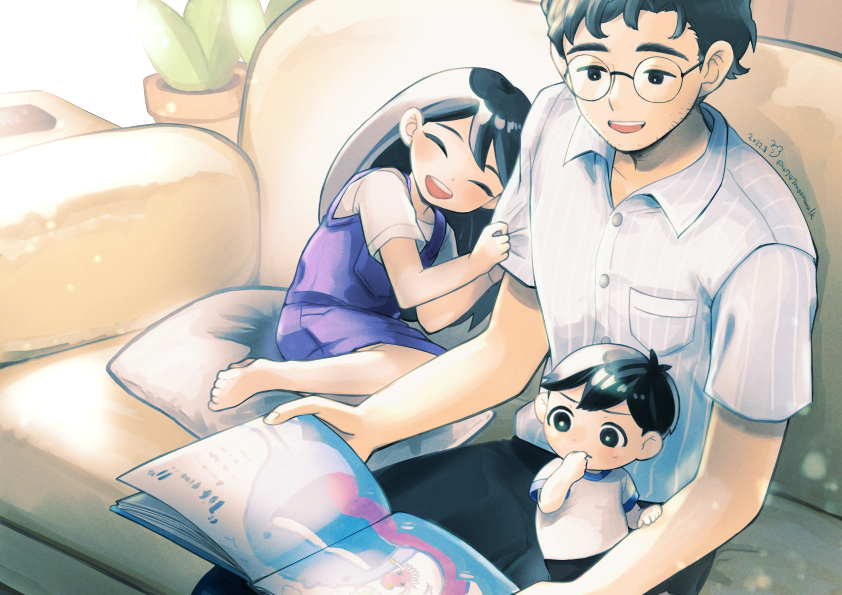 1girl, 2022, 2boys, 4747moonwalk, :d, ^_^, aged_down, antenna_hair