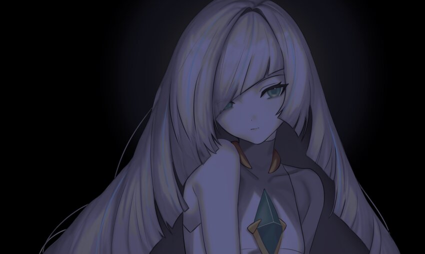 1girl, black_background, blonde_hair, breasts, expressionless, green_eyes, hauauau99, highres