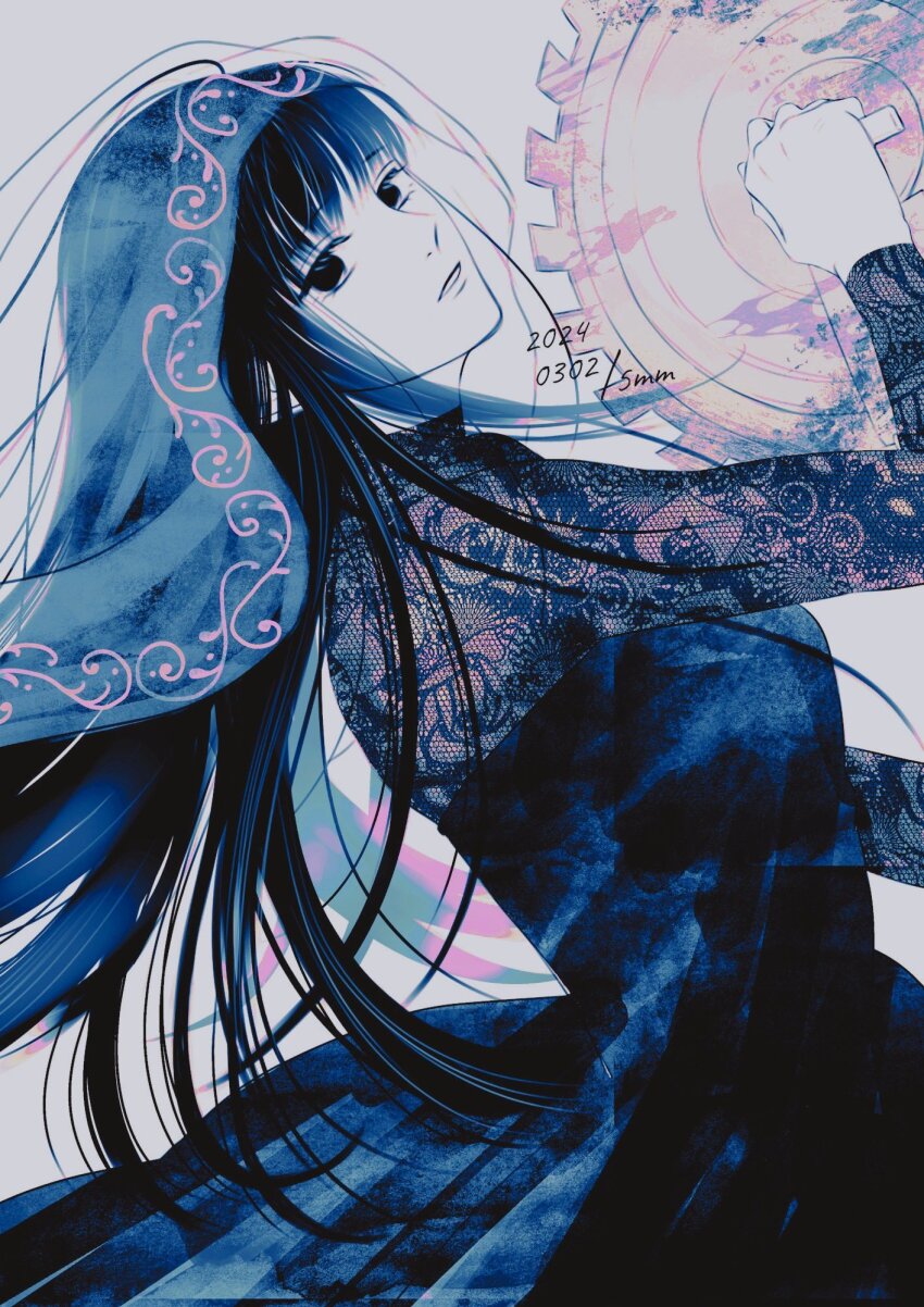 1girl, blunt_bangs, circular_saw, commentary, dated, dress, dutch_angle, floating_hair