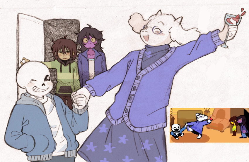 1boy, 1other, 2girls, alcohol, alternate_skin_color, animal_ears, blush, closed_eyes, colored_skin, cup, dancing, deltarune, drinking_glass, drunk, freckles, furry, furry_female, goat, goat_ears, goat_girl, goat_horns, highres, holding, holding_cup, hood, hoodie, horns, jacket, kris_(deltarune), mature_female, multiple_girls, one_eye_closed, open_mouth, purple_skin, reptile_girl, sans_(undertale), shirt, skeleton, smile, spoilers, susie_(deltarune), szivarvanyturmix02, toriel, utdr_(toby_fox), white_fur, wine, wine_glass, wink