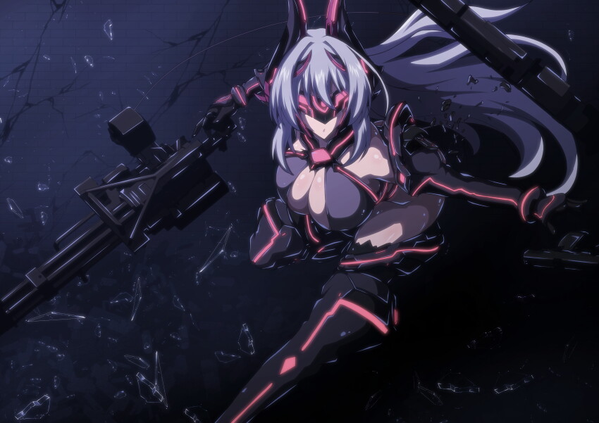 1girl, absurdres, android, aoi_tabane, blindfold_mask, breasts, broken_glass, cleavage