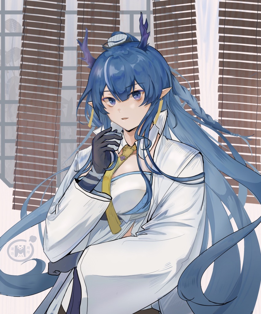 01252574, 1girl, absurdres, arknights, blue_eyes, blue_hair, bolo_tie, breasts, chinese_commentary, choko_(cup), colored_extremities, commentary_request, cup, dragon_girl, dragon_horns, earrings, hair_between_eyes, hand_up, highres, holding, horns, jewelry, ling_(arknights), long_hair, long_sleeves, looking_at_viewer, medium_breasts, parted_lips, pointy_ears, shirt, solo, upper_body, white_shirt, wide_sleeves