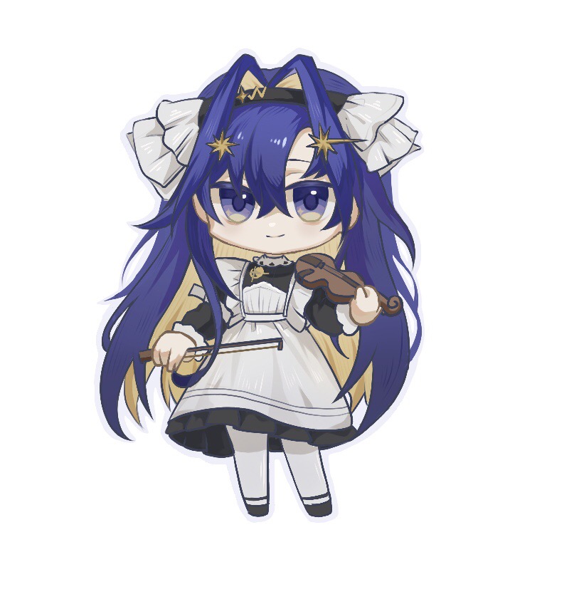 01252574, 1girl, apron, black_dress, black_hairband, blue_eyes, blue_hair, bow_(music)