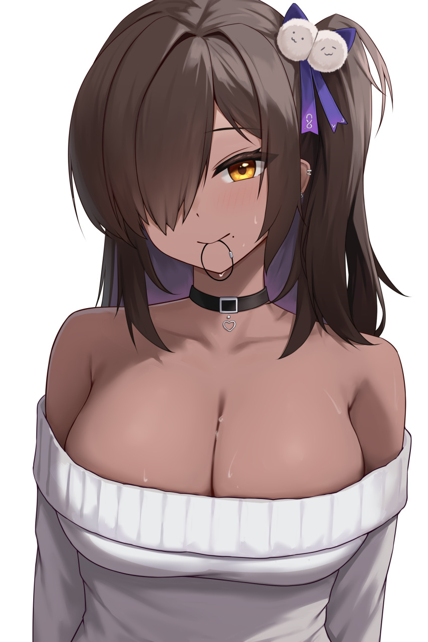 1girl, :3, =_=, absurdres, alternate_costume, armpit_crease, arms_at_sides, bare_shoulders, blush, breasts, brown_hair, choker, cleavage, collarbone, commentary_request, dark-skinned_female, dark_skin, ear_piercing, earrings, gaimole, goddess_of_victory:_nikke, gyaru, hair_bobbles, hair_ornament, hair_over_one_eye, hair_ribbon, hairband, heart, highres, jewelry, large_breasts, long_hair, long_sleeves, looking_at_viewer, mole, mole_under_mouth, naga_(nikke), off_shoulder, piercing, ribbon, side_ponytail, simple_background, smile, solo, sweat, sweater, upper_body, white_background, white_sweater, yellow_eyes