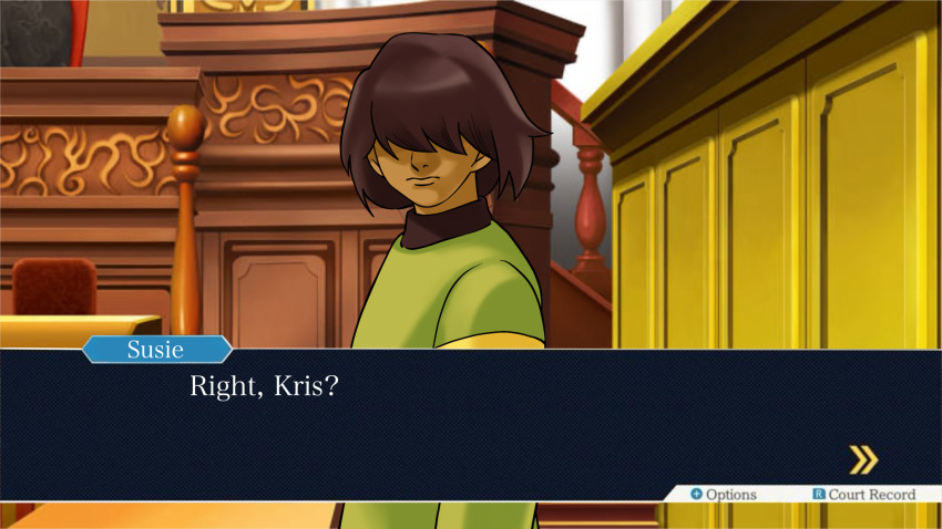 1other, ace_attorney, brown_hair, closed_mouth, colored_skin, crossover, deltarune, hair_over_eyes, highres, kris_(deltarune), long_sleeves, otaku553, other_focus, short_hair, sweater, utdr_(toby_fox), yellow_skin