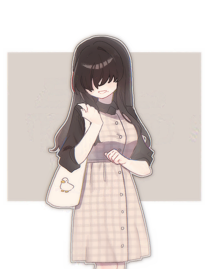 1girl, :d, alternate_costume, bag, bird, breasts, brown_background, brown_dress