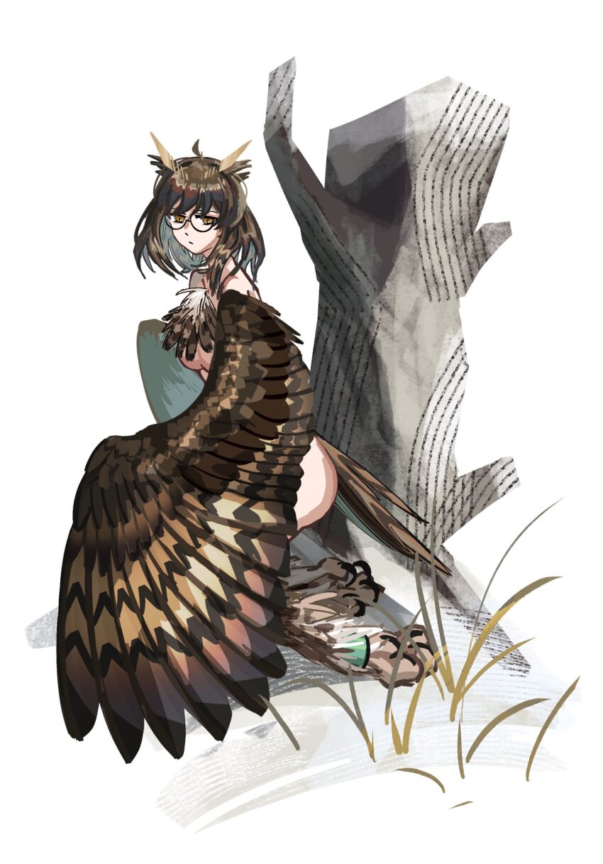 1girl, arknights, ass, bird_legs, bird_tail, breasts, brown_hair, brown_wings