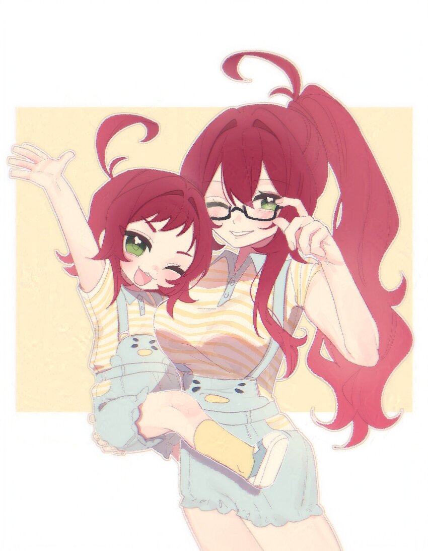 2girls, :3, :d, adjusting_eyewear, antenna_hair, arm_up, black-framed_eyewear, blue_shoes