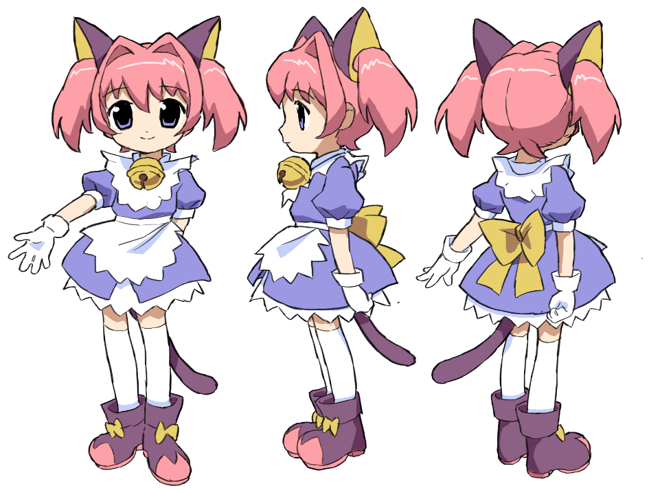 1girl, 2000s_(style), angelic_kitty_miracle-chan, animal_ears, apron, arm_at_side, arm_behind_back, back_bow