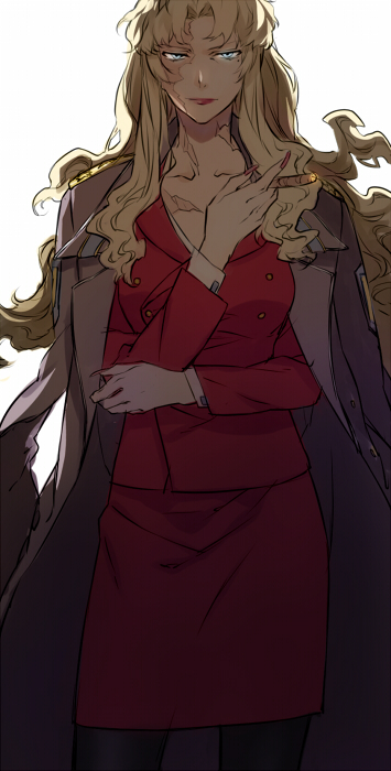 1girl, balalaika_(black_lagoon), black_lagoon, blue_eyes, colored_eyelashes, formal_clothes, looking_at_viewer, mature_female