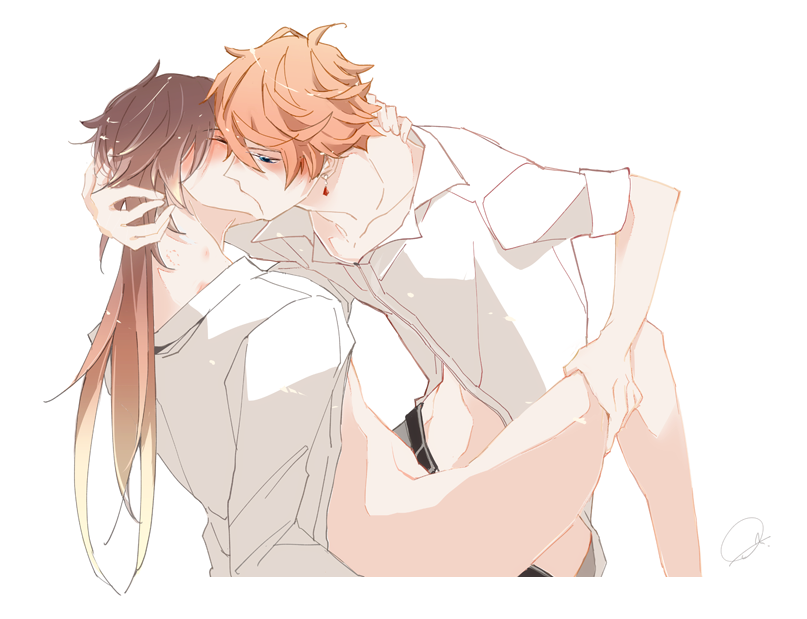 004s_4, 2boys, blush, dragon_tail, french_kiss, genshin_impact, hand_on_another's_nape, hand_on_another's_thigh