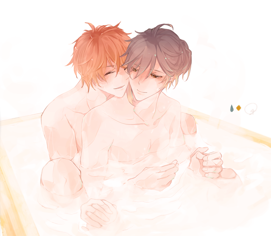 004s_4, 2boys, alternate_hairstyle, bath, bathing, bathing_together, genshin_impact, head_on_another's_shoulder