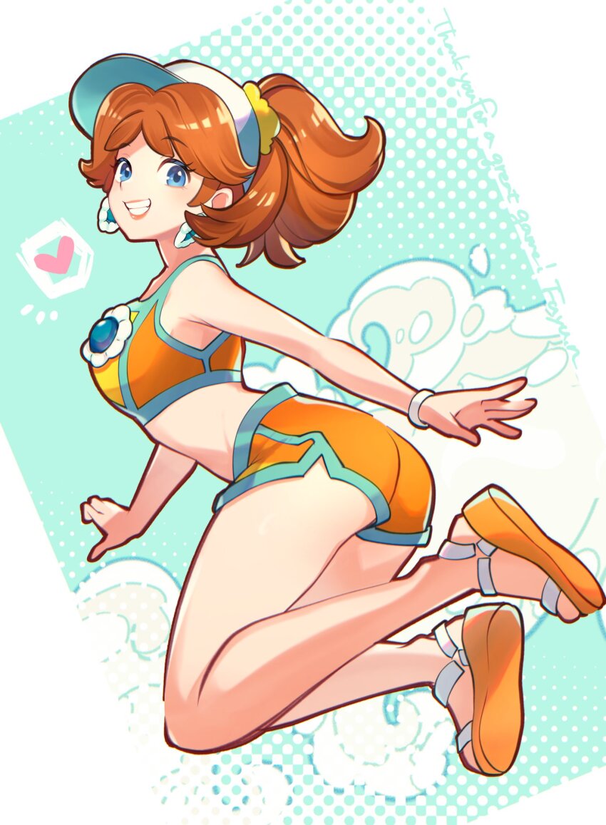 1girl, ass, bikini, bikini_shorts, blue_eyes, brown_hair, earrings, flower_earrings, hat, highres, jewelry, mario_(series), mario_kart, mario_kart_world, nintendo, orange_sandals, ponytail, princess_daisy, princess_daisy_(swimwear)_(mario_kart_world), rakugakifuyu, sandals, shorts, smile, solo, sports_bikini, sports_bra, swimsuit