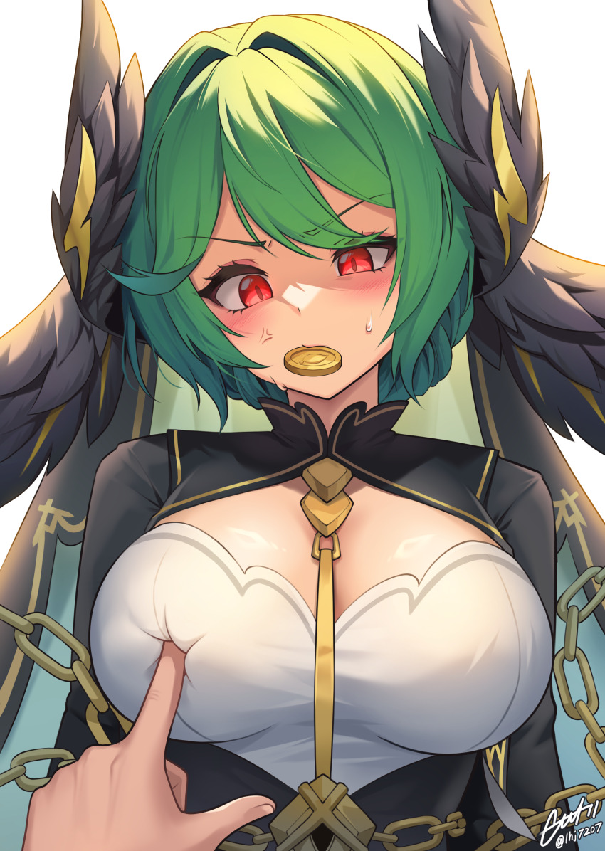 1boy, 1girl, absurdres, anger_vein, black_jacket, black_wings, bloody0rabby, breasts