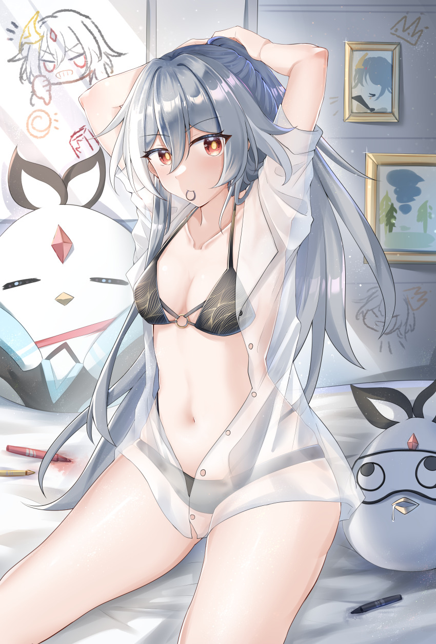 1girl, absurdres, adjusting_hair, armpits, black_bra, black_panties, bra, breasts, collarbone, crayon, drawing_(object), drooling, grey_hair, herrscher_of_sentience, highres, honkai_(series), honkai_impact_3rd, indoors, jingwei_(bird), long_hair, looking_at_viewer, meme, navel, no_pants, on_bed, open_clothes, open_shirt, panties, portrait_(object), red_eyes, revision, see-through_clothes, see-through_shirt, shirt, sitting, solo, stomach, stuffed_animal, stuffed_toy, teri_derp_(meme), thighs, underwear, yilisi
