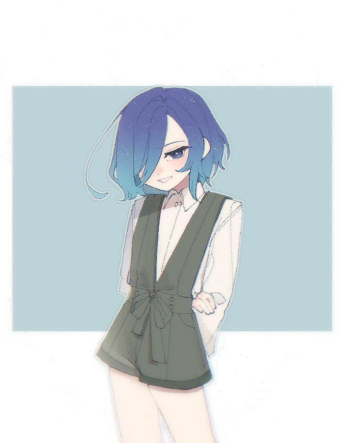 1girl, :d, ahoge, alternate_costume, arms_behind_back, blue_background, blue_eyes, blue_hair