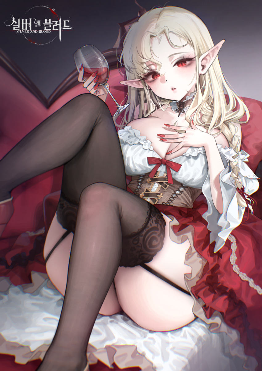 1girl, :o, alcohol, ass, black_garter_straps, blonde_hair, breasts, brown_thighhighs, commentary_request, corset, cup, detached_collar, drinking_glass, empousa_(silver_and_blood), feet_out_of_frame, fingernails, garter_straps, hand_on_own_chest, highres, holding, holding_cup, large_breasts, long_hair, looking_at_viewer, mirei, nail_polish, pointy_ears, red_eyes, red_skirt, shirt, silver_and_blood, sitting, skirt, solo, thighhighs, title, white_shirt, wine, wine_glass
