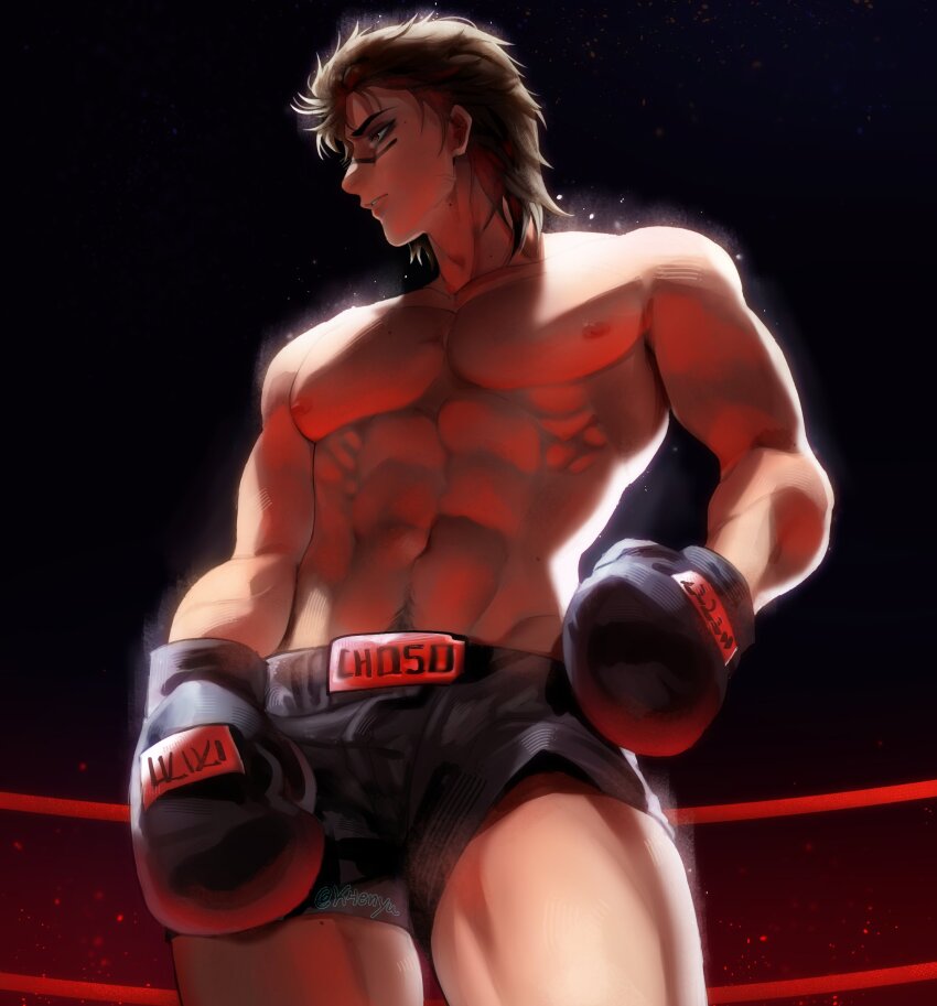 1boy, abs, alternate_costume, black_hair, boxer, boxing, boxing_gloves, boxing_shorts, character_name, choso_(jujutsu_kaisen), commentary, facial_tattoo, from_above, highres, jujutsu_kaisen, k4enyu, male_focus, medium_hair, muscular, muscular_male, navel, navel_hair, nipples, pectorals, shorts, solo, tattoo, thighs