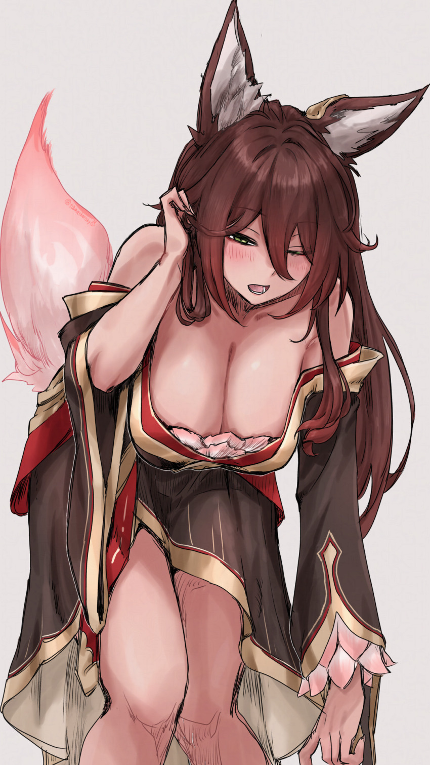 1girl, animal_ear_fluff, animal_ears, bare_shoulders, bent_over, blush, breasts, brown_hair, cleavage, dress, ear_ornament, fox_ears, fox_girl, fox_tail, fugue_(honkai:_star_rail), green_eyes, grey_background, hair_between_eyes, half-closed_eye, hand_up, hanging_breasts, highres, honkai:_star_rail, honkai_(series), large_breasts, long_hair, long_sleeves, looking_at_viewer, off-shoulder_dress, off_shoulder, one_eye_closed, open_mouth, outstretched_arm, simple_background, solo, standing, tail, tama_(tamathersky), tingyun_(honkai:_star_rail), very_long_hair, wide_sleeves