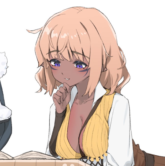 1girl, blonde_hair, breasts, cleavage, dark-skinned_female, dark_skin, elf, facial_tattoo