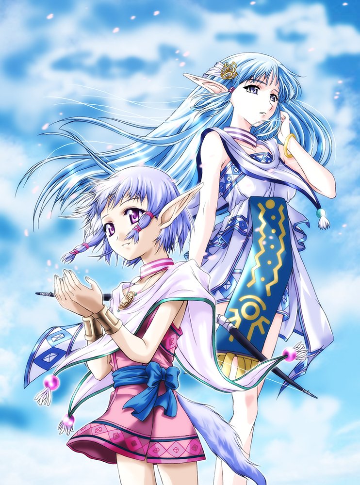 2girls, blue_eyes, blue_hair, bow_(weapon), breasts, collarbone, dress, holding