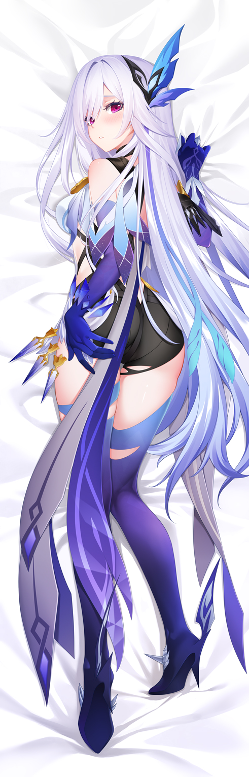 1girl, armpits, ass, bandana, bed_sheet, black_bandana, black_leotard, blush