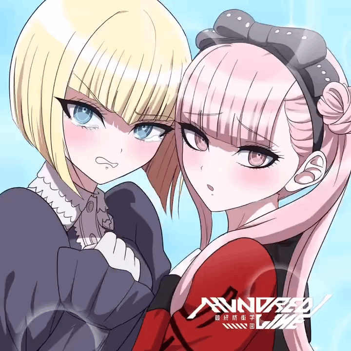 2girls, animated, animated_gif, black_bow, black_dress, black_hairband, black_headband, blonde_hair, blue_background, blue_eyes, blush, bob_cut, bow, dress, eyelashes, female_focus, flaired_sleeves, hair_bow, hairband, hand_up, headband, logo, long_hair, long_sleeves, looking_at_viewer, multiple_girls, oosuzuki_kurara, open_mouth, pink_eyes, pink_hair, red_shirt, shirt, simple_background, teeth, the_hundred_line_-last_defense_academy-, title, tsukumo_kako, twintails, upper_body
