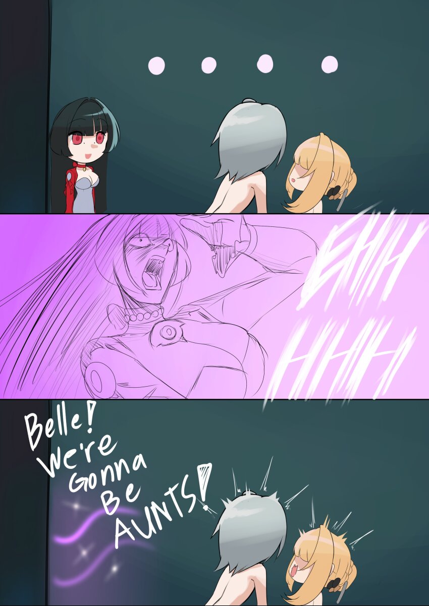 ..., 1boy, 2girls, absurdres, astra_yao, black_hair, blonde_hair, chibi