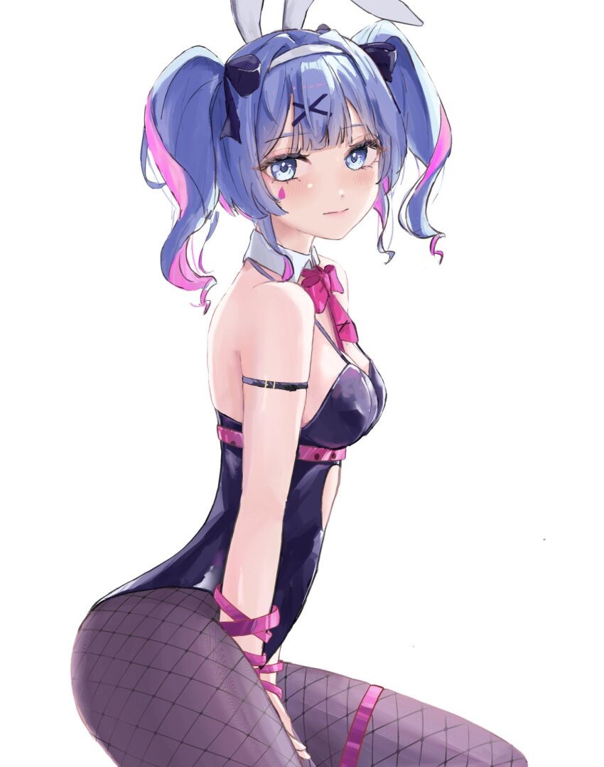 1girl, animal_ears, bare_shoulders, black_leotard, black_ribbon, blue_eyes, blue_hair, bow