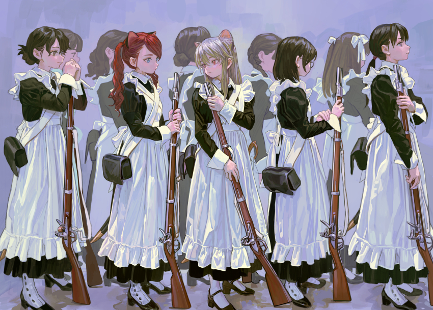 6+girls, animal_ear_fluff, animal_ears, antique_firearm, apron, black_dress, black_shoes, blue_eyes