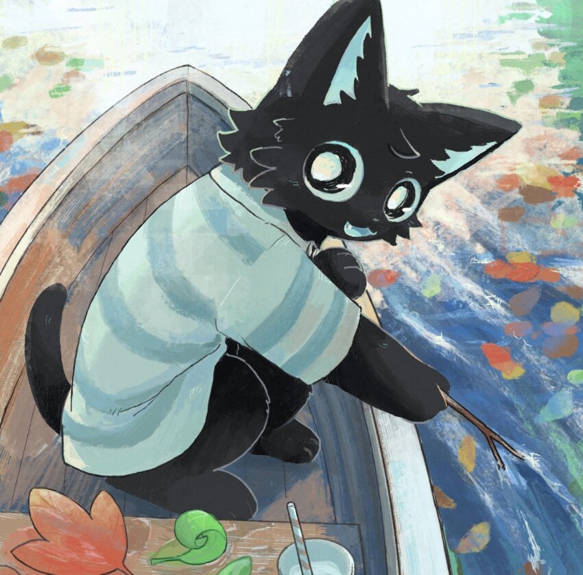 1boy, animal_ears, black_fur, blue_shirt, boat, bright_pupils, cat_boy, cat_ears