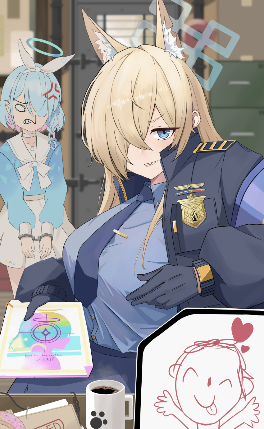 1boy, 2girls, absurdres, anger_vein, angry, animal_ear_fluff, animal_ears, arona_(blue_archive)