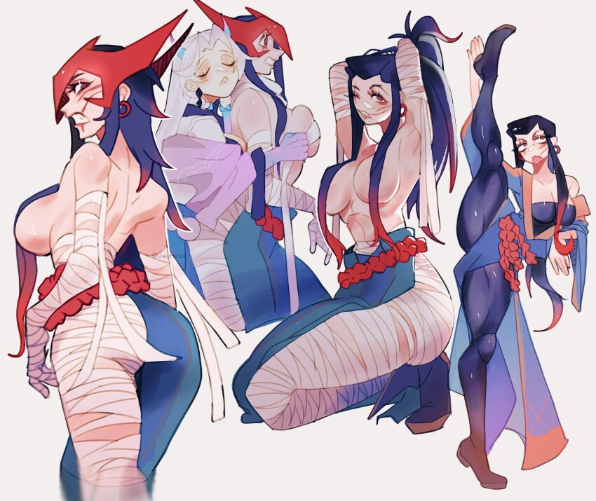 2girls, :o, ass, bandaged_leg, bandages, black_hair, black_pantyhose, breasts