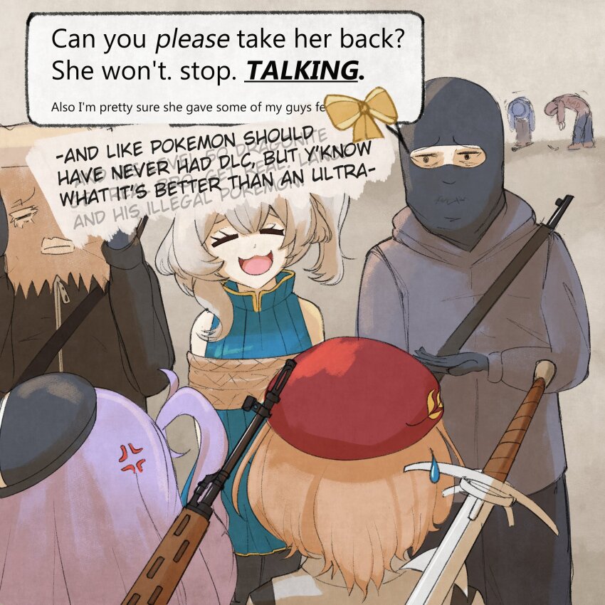 3girls, 4boys, anger_vein, bag, balaclava, beanie, beret, black_hat, bow, brown_hair, clio_aite, clio_aite_(clio_2.0), closed_eyes, eepy_sleepy, eepy_sleepy_(sleepy_2.0), grey_hoodie, gun, hat, highres, hood, hood_down, hoodie, long_hair, marimari_(vtuber), marimari_(marimari_2.0)_(vtuber), multiple_boys, multiple_girls, nad_(gon4d), open_mouth, paper_bag, phase_connect, phase_invaders_quest, red_hat, restrained, rope, short_hair, speech_bubble, sword, virtual_youtuber, weapon, weapon_on_back, yellow_bow, zipper