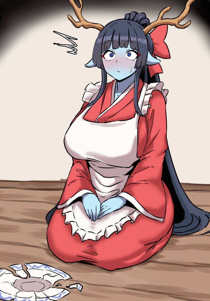 1girl, ^^^, absurdres, antlers, apron, black_hair, blue_eyes, blue_skin, blush, borrowed_character, bow, breasts, broken_plate, colored_skin, commentary, corinna21210534, eastern_dragon_maid_(murgoten), english_commentary, frilled_apron, frills, full_body, hair_bow, hands_on_own_knees, highres, horns, indoors, japanese_clothes, kimono, large_breasts, long_hair, long_sleeves, maid, maid_apron, original, plate, ponytail, red_bow, red_kimono, seiza, sitting, solo, sweatdrop, v_arms, very_long_hair, wa_maid, white_apron, wide_sleeves