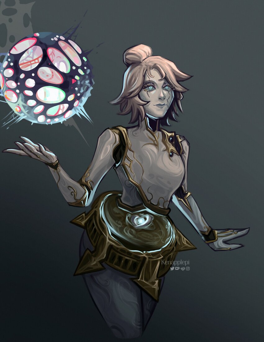 1girl, absurdres, anomaly_(arcane), arcane:_league_of_legends, ball, colored_sclera, cropped_legs, gradient_background, grey_background, grey_sclera, hair_bun, highres, kenapplepi, league_of_legends, orianna_(arcane), orianna_(league_of_legends), robot_girl, short_hair, solo