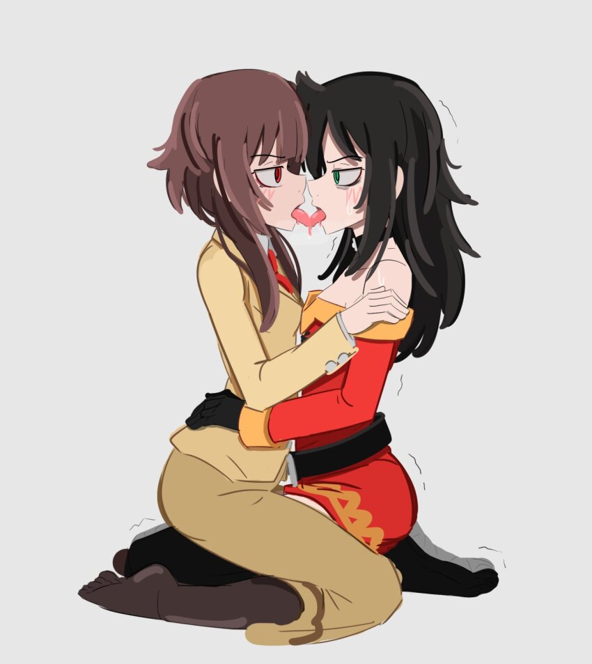 2girls, belt, black_belt, black_hair, black_thighhighs, brown_pantyhose, brown_skirt, cosplay, costume_switch, dress, french_kiss, highres, kiss, kuroki_tomoko, kuroki_tomoko_(cosplay), kurokimoko, megumin, megumin_(cosplay), multiple_girls, necktie, no_shoes, on_lap, pantyhose, red_dress, red_necktie, simple_background, sitting, skirt, thighhighs, tongue, tongue_out, watashi_ga_motenai_no_wa_dou_kangaetemo_omaera_ga_warui!, yuri