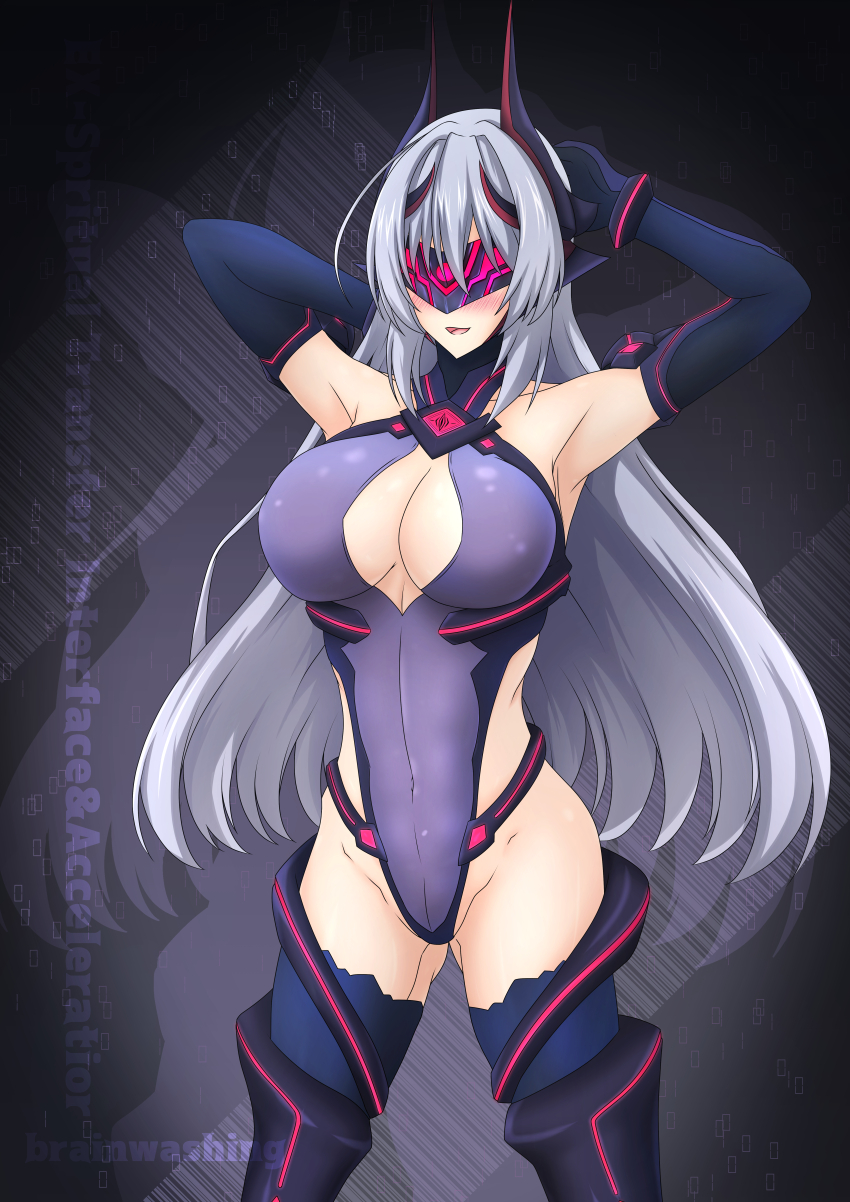 1girl, absurdres, aoi_tabane, armpits, arms_behind_head, arms_up, bare_shoulders, blindfold_mask